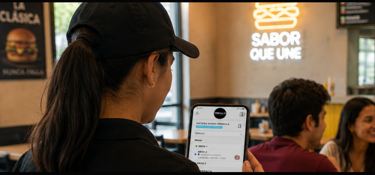 Mesera atendiendo a clientes en un restaurante